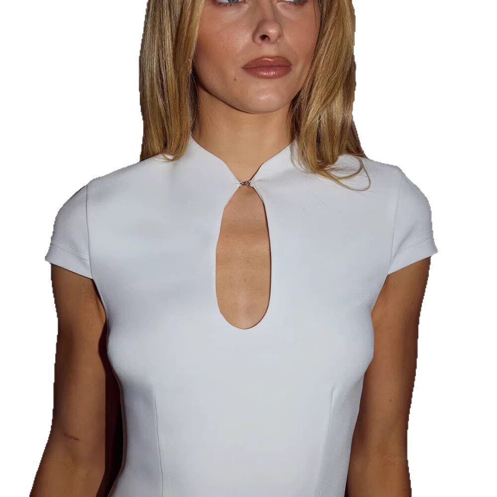 Elegant Qipao Dress Stand Collar Water Drop Hollow Design Slim Fit Solid Color Perfect for Formal Occasions