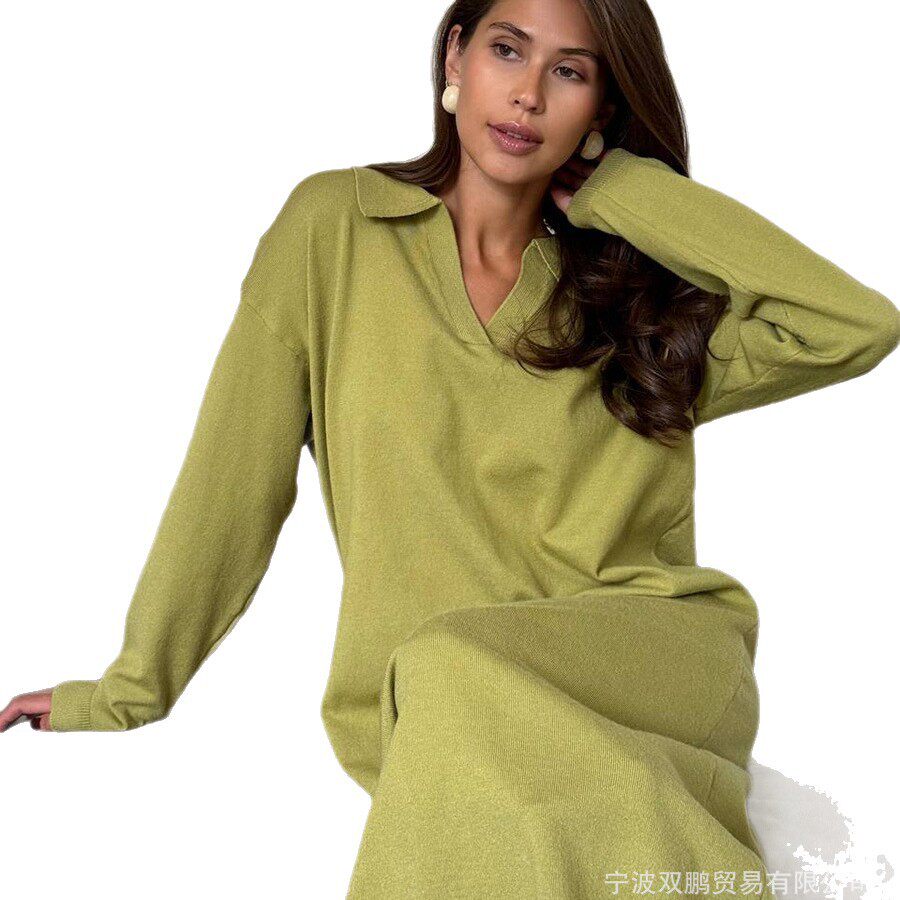 Long Sweater Dress Soft Fabric Scissor Collar Loose Fit Elegant Style Autumn Winter Fashion Wholesale Available