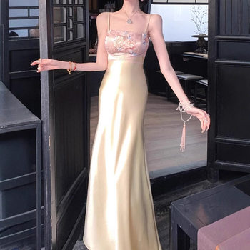 [Water Hibiscus] Summer Double Version New Chinese Style Jacquard Embroidered Strap Dress Cheongsam