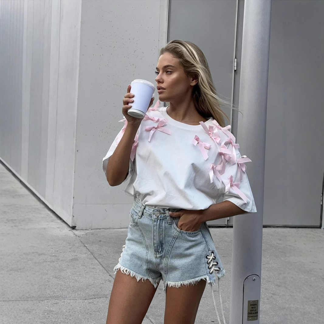 Loose Fit Short Sleeve T Shirt Cute Ribbon Bow Design Soft Cotton Fabric Casual Style Perfect for Everyday Wear