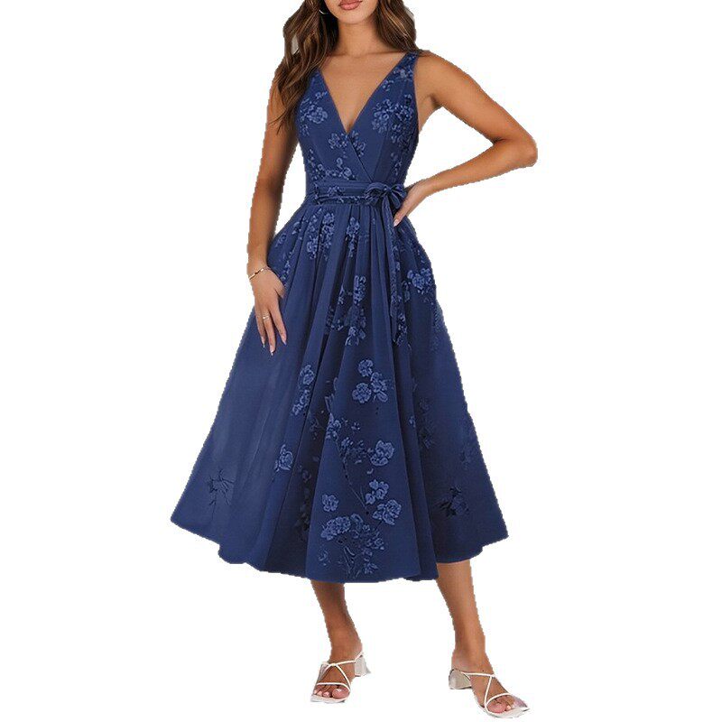 Elegant Floral Print Waist Tie Dress Spring Collection Womens Fashion Comfortable Fit Wholesale Available