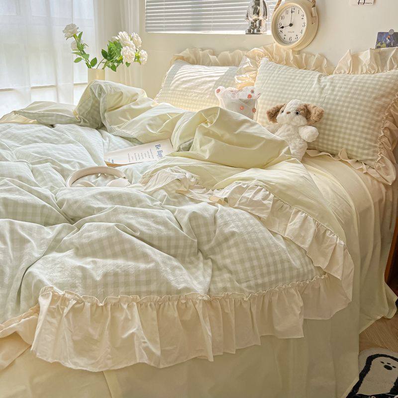 Chanel Style Lace Wash Cotton Korean-style Four-piece Set Ins Girl Princess Lotus Leaf Bed Sheet Quilt Cover Dormitory Three-piece Set