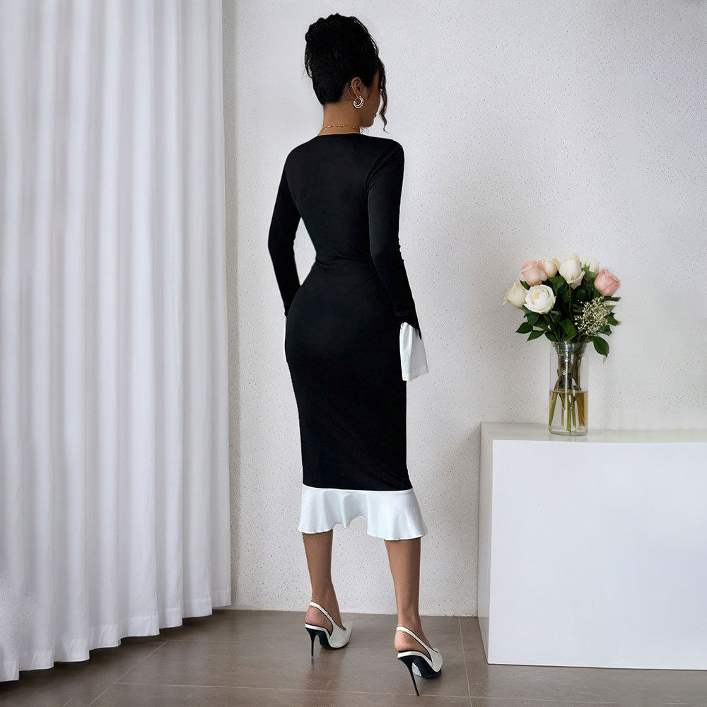 Hepburn Style Black and White Color Block Dress Long Sleeve Ruffle Hem Slim Fit Spring Summer Occasion OEM Available