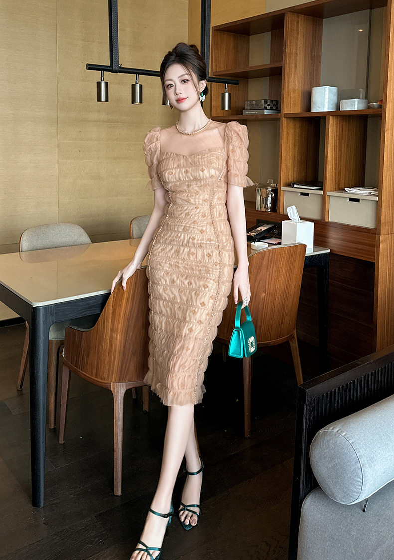 Đầm ôm body nữ tay bồng chất vải tulle xòe nhẹ — [Cam Huyền Ảo] chi tiết 7
