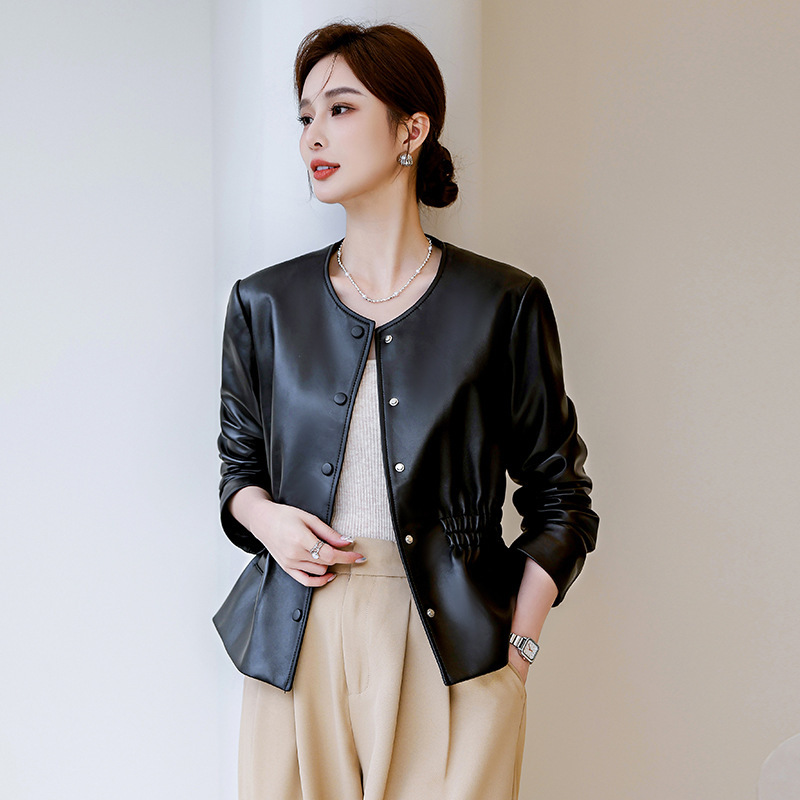 Áo khoác da cừu nữ cổ tròn dáng ngắn thắt eo — Màu đen, Màu Kaki