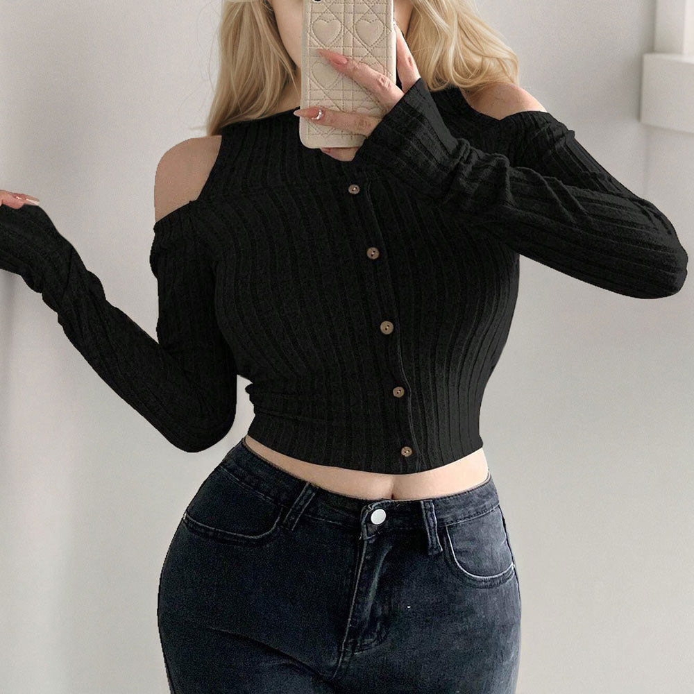 Womens Korean Style Trendy Long Sleeve Crop Top Off Shoulder Design Spring Summer Casual Wear Wholesale Available