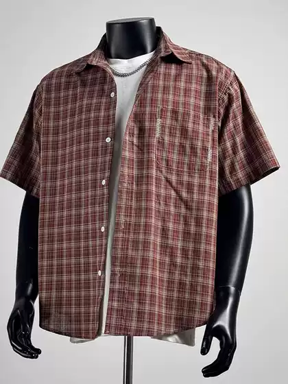 Japanese Retro Plaid Short-Sleeve Shirt for Men 2025 Summer Turn-Down Collar Versatile Half-Sleeve Pure Cotton Embroidered Pocket Shirt