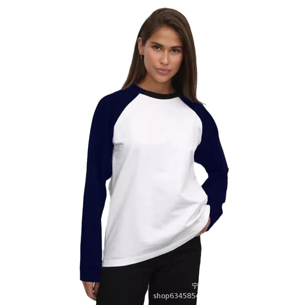 Womens Color Block Long Sleeve T Shirt Casual Loose Fit Round Neck Cotton Fabric Spring and Autumn Essential