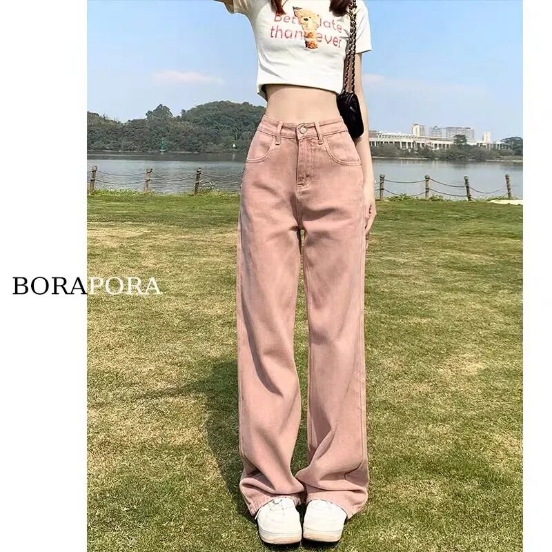 High Waisted Wide Leg Jeans for Women Dusty Pink Loose Fit Plus Size Street Style Perfect for Spring and Autumn