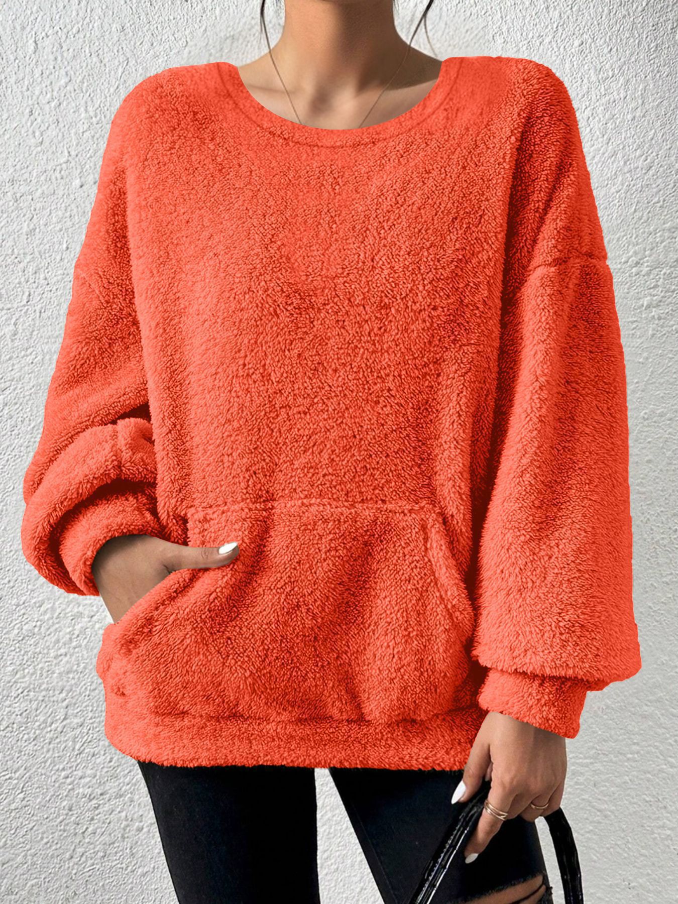 Casual Sweatshirt Solid Color Round Neck Long Sleeve Pocket Design Autumn Winter Fashion Wholesale Available