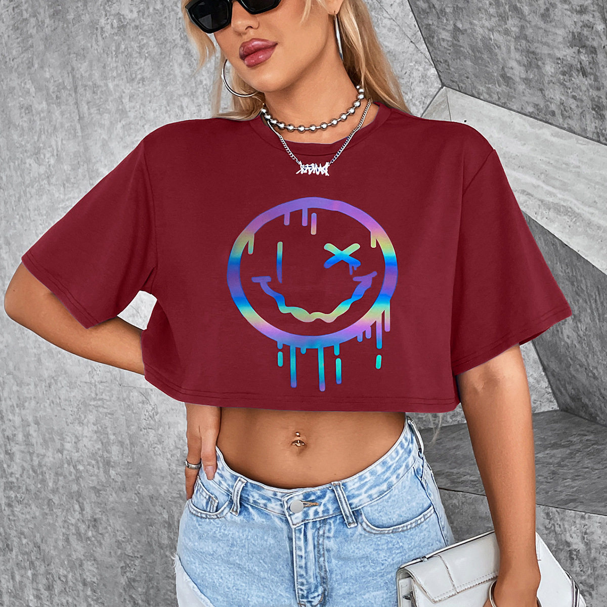 Reflective Short Sleeve T Shirt Trendy Smile Print Versatile Spring Summer Style Wholesale Available