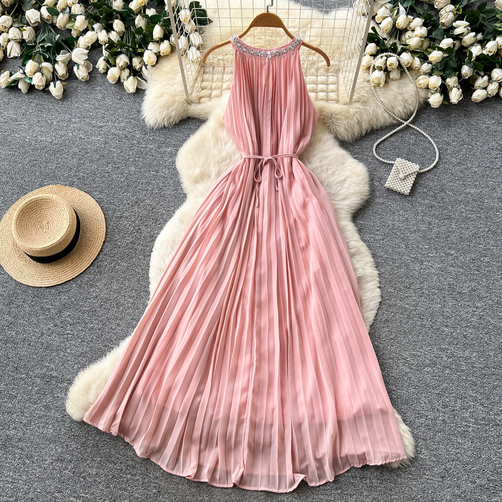 Elegant Sleeveless A Line Dress High Waist Pleated Rhinestone Embellished Summer Fashion in Pink Wholesale Available