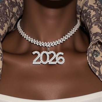 Cross-Border Popular Rhinestone Number 2026 Pendant Cuban Necklace Jewelry for Men and Women Hip-Hop Nightclub Short Clavicle Chain