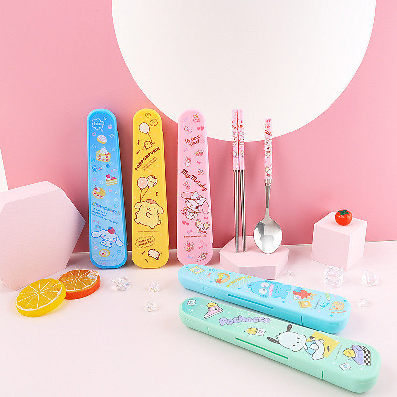 Sanrio Chopsticks Spoon suit Cartoon Storage Box Tableware Children's Primary School Girls School Three-Piece Set for One Person