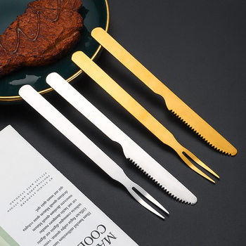 Stainless steel barbecue knife and fork set Golden flat handle round handle moon cake long handle short handle barbecue roast leg of lamb knife and fork tool