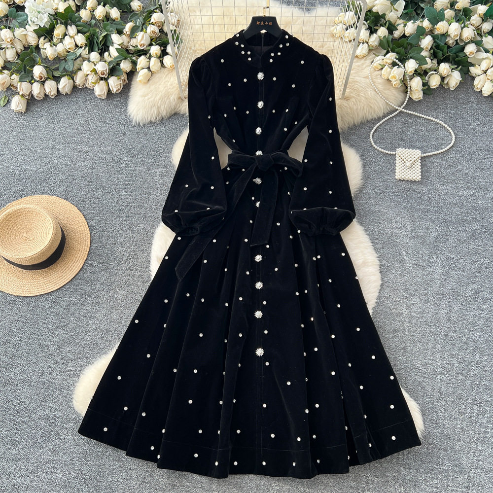 Vintage French Style Velvet Dress High End Embellishments Lantern Sleeves Waist Tie Button Closure Elegant Evening