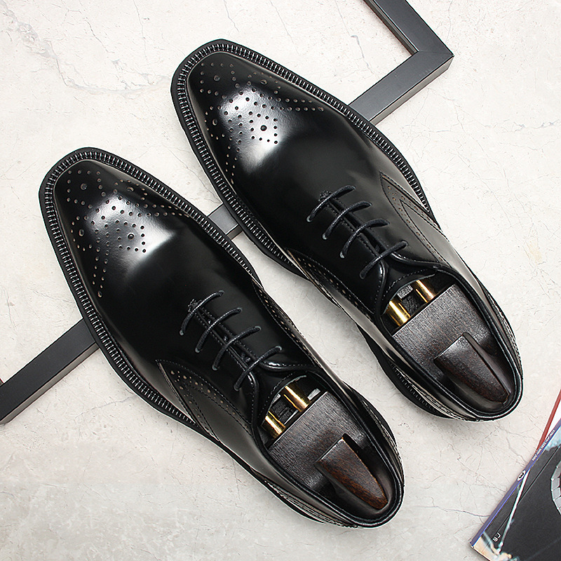 Giày da nam buộc dây đế dày họa tiết brogue mũi vuông — đen, màu