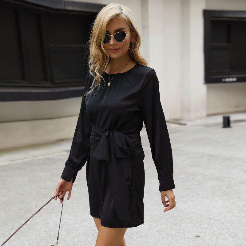 Black Long Sleeve Bodycon Dress with Tie Detail Elegant Vintage Style Perfect for Parties and Events Wholesale