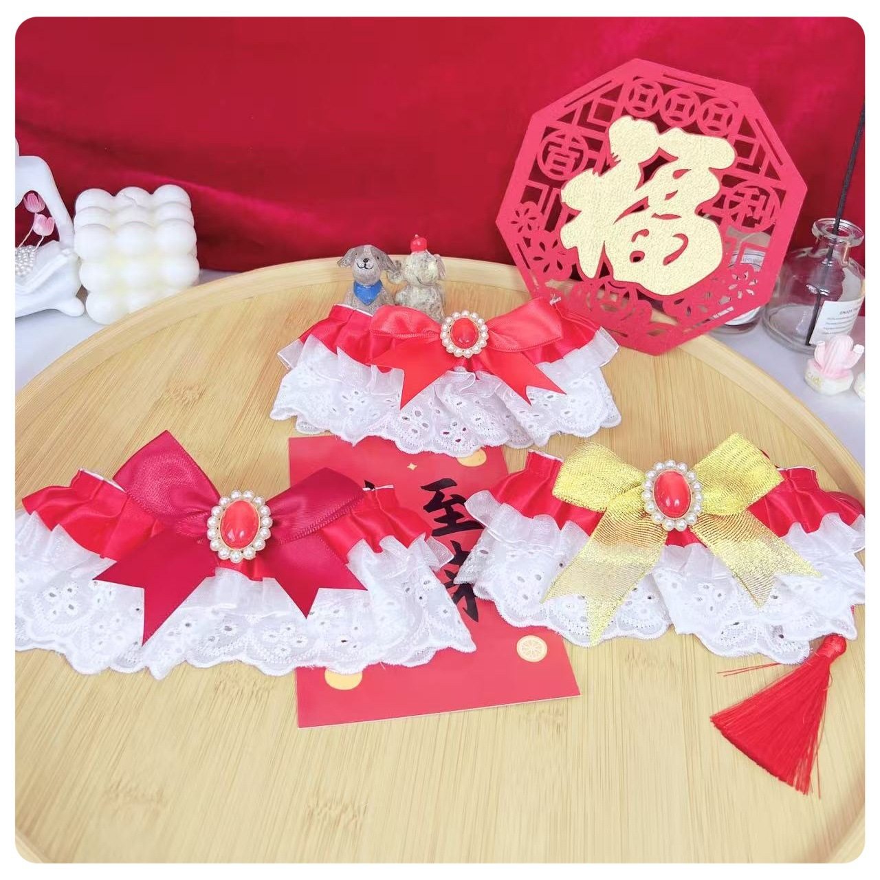 2025 Cross-Border New Festive Red Gemstone Collar Cat Elegant White Lace Collar Dog Collar
