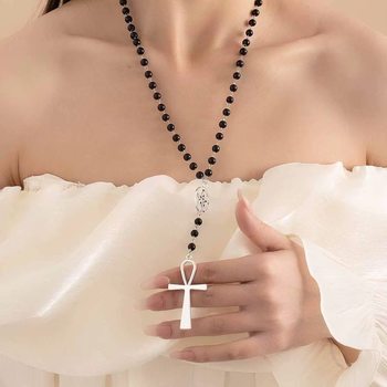 Vintage Cross Pendant Black Bead Necklace Layered Punk Ins Style Versatile High-End Dark Collarbone Hot Girl New Model