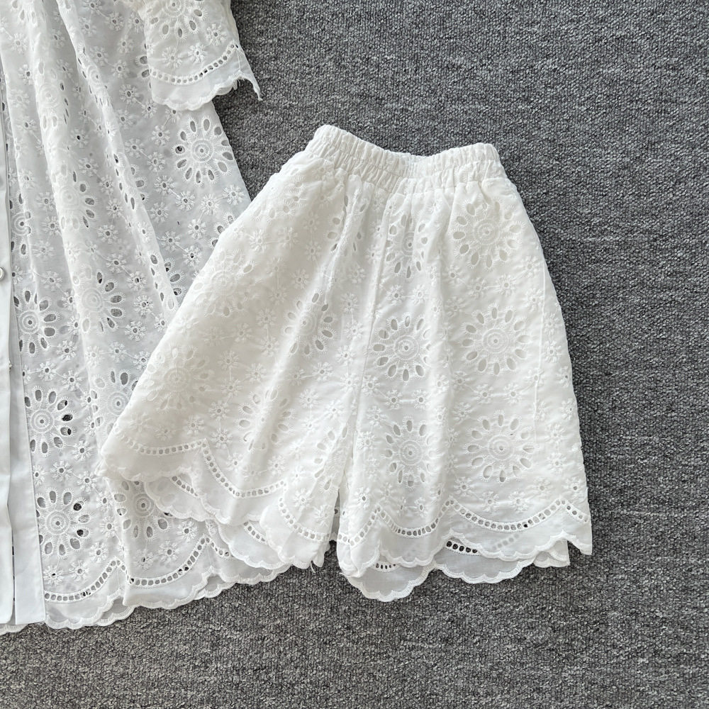 French Style Heavy Embroidery Hollow Out Long Sleeve Dress with Round Neck Two Piece Set with Shorts Elegant Casual Wear