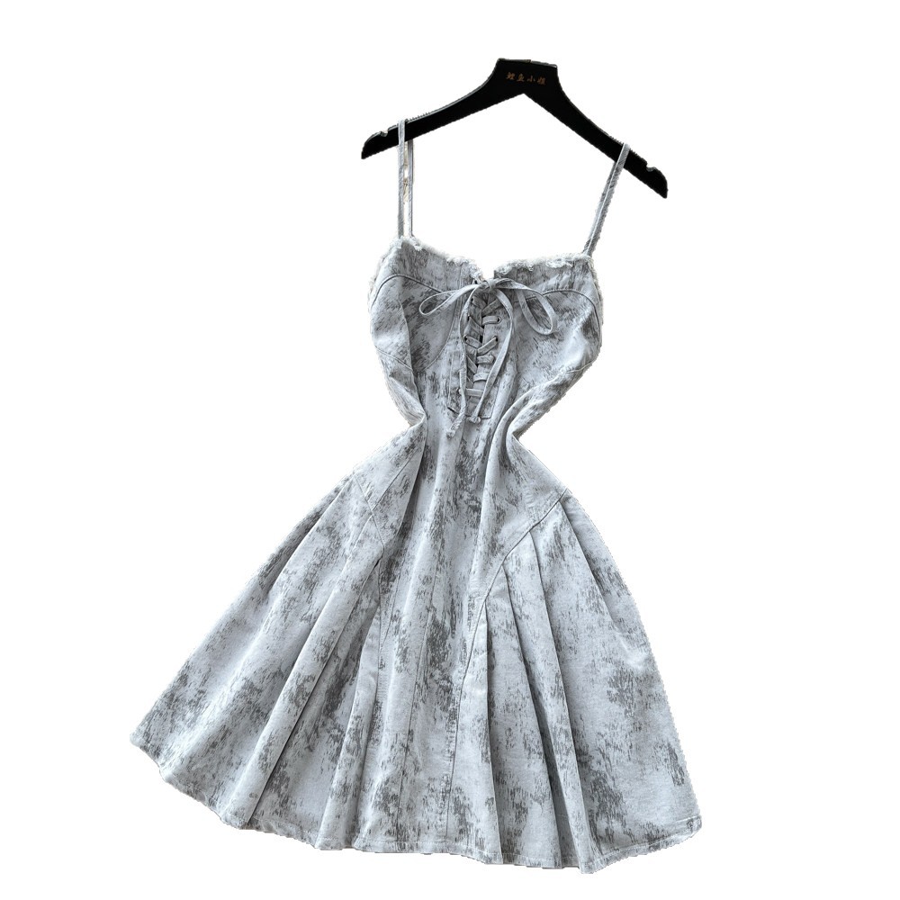A Line Denim Dress Sweetheart Style Adjustable Waist Tie Summer Fashion Perfect for Casual Outings Wholesale