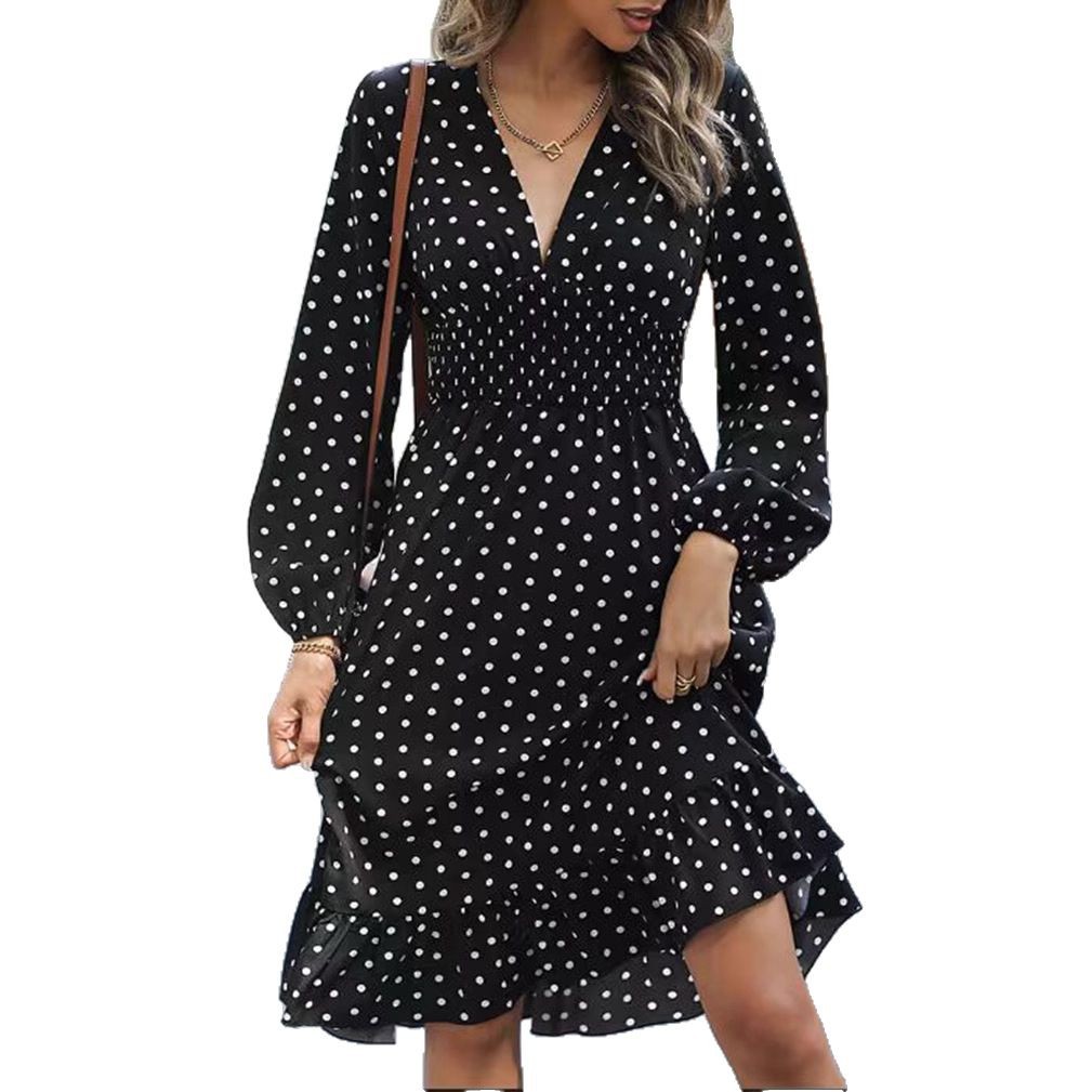 Polka Dot V Neck Dress Waist Defining Elegant Spring Summer Fall Style Wholesale Available customizable