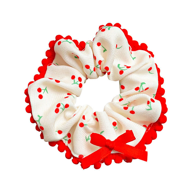 Spring and Summer Sweet Floral Bow Large Intestine Hair Ring Headdress Cute Cherry Hair Rope Girl Ball Hair Accessories for Women