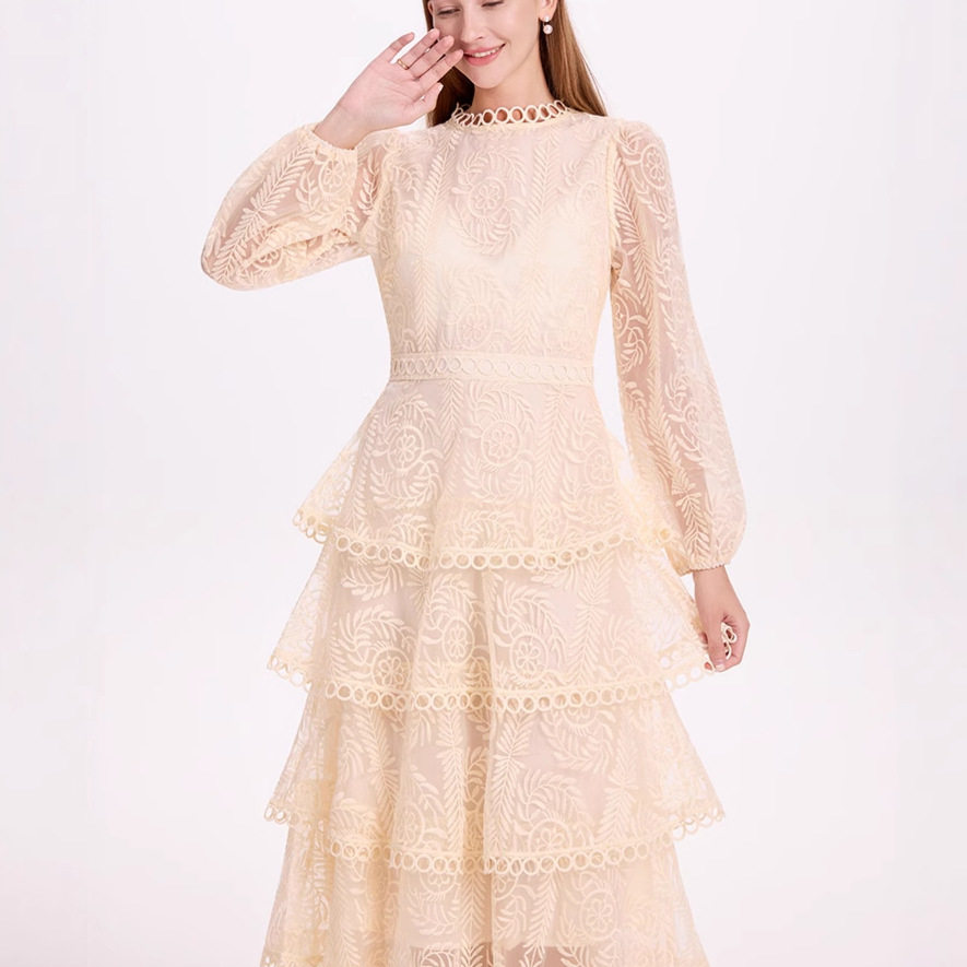 Elegant French Style Long Dress for Women High End Embroidery Ruffled Hem Waist Defined Perfect for Autumn Events