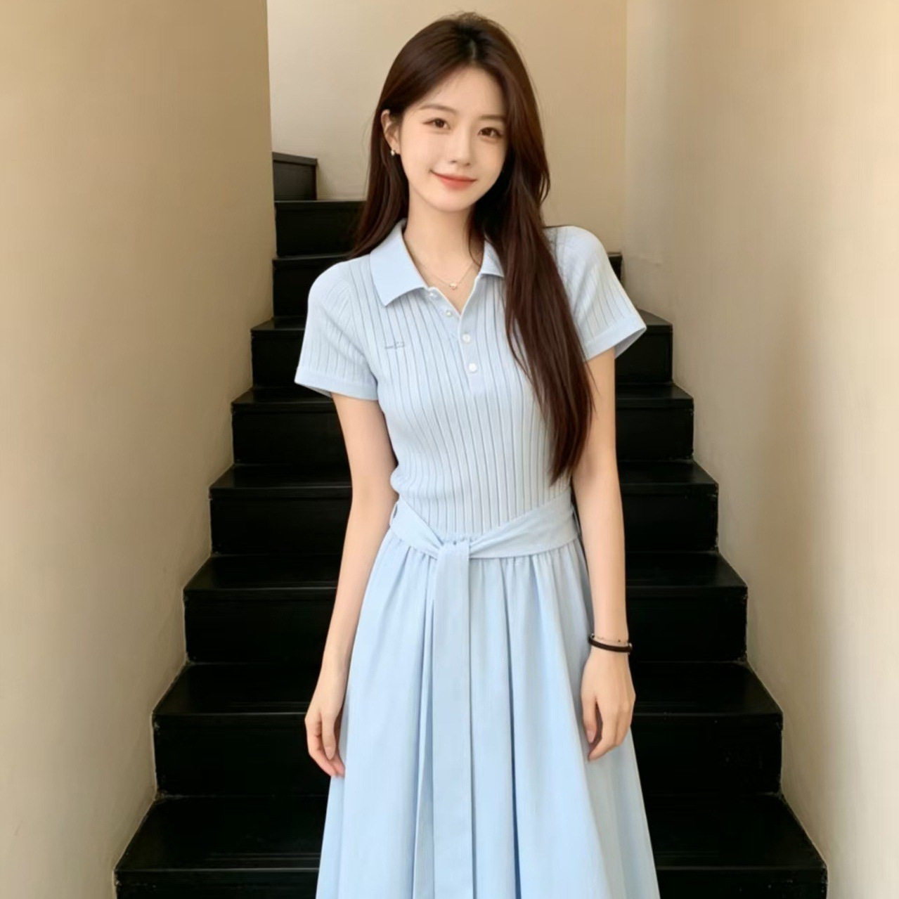 法式蓝色polo领连衣裙子女夏季2026新款小个子巨好看气质收腰长裙