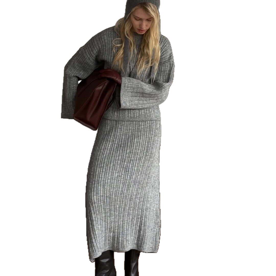 Womens Chunky Knit Sweater Set Solid Color Round Neck Loose Fit Includes Wide Leg Pants and Scarf Autumn Winter