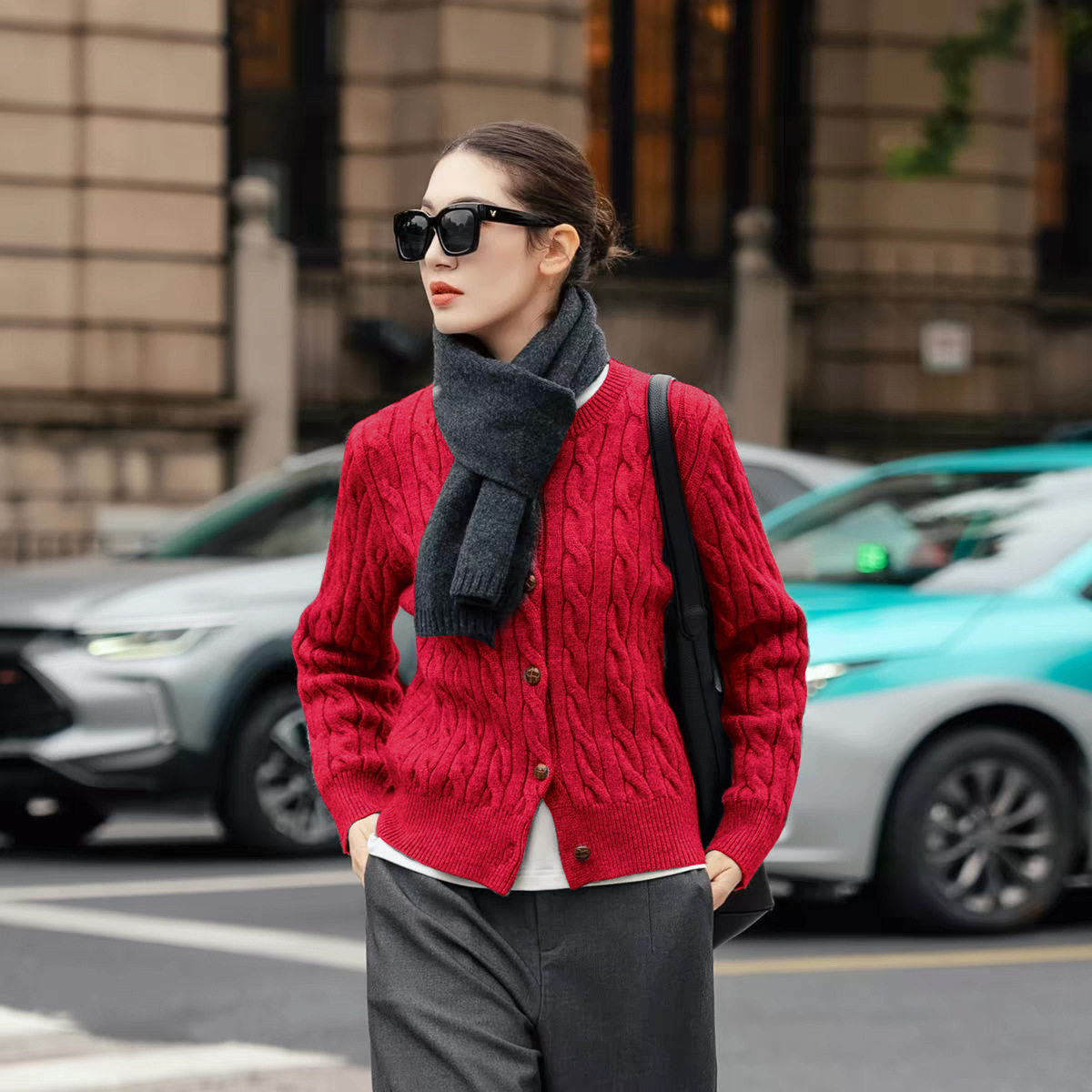 意大利100%美丽诺羊毛开衫宽松慵懒风绞花开衫加厚毛衣羊绒开衫女