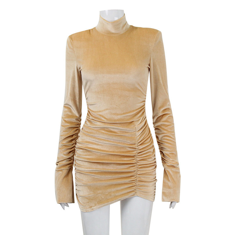 High Neck Long Sleeve Velvet Dress Shoulder Pads Pleated Design Elegant Style Autumn Winter Fashion Wholesale