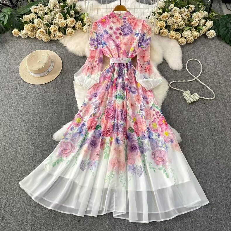 French Romantic Floral Long Sleeve Dress for Women Stand Collar Waist Tie Flattering A Line Perfect for Spring and