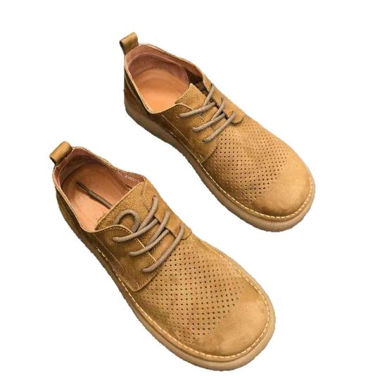 镂空真皮宽头男士男鞋透气休闲复古鞋子真皮皮鞋系带软皮软底百搭