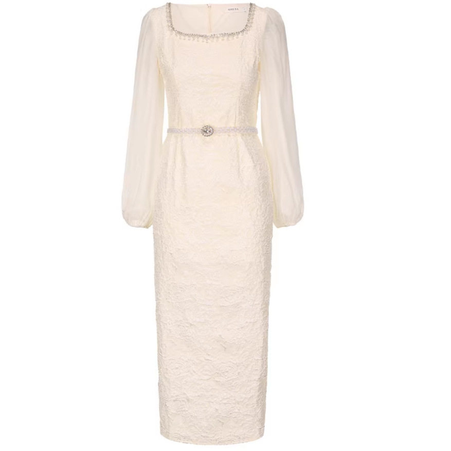 Elegant Purple Lace Dress with Puff Sleeves Rhinestone Detail Slim Fit Midi Length Perfect for Formal Occasions
