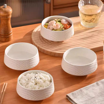 Simple Style Pure White Rice Bowl Irregular Household Ceramic Bowl Soup Bowl Dessert Bowl Salah Bowl High Color Value Tableware