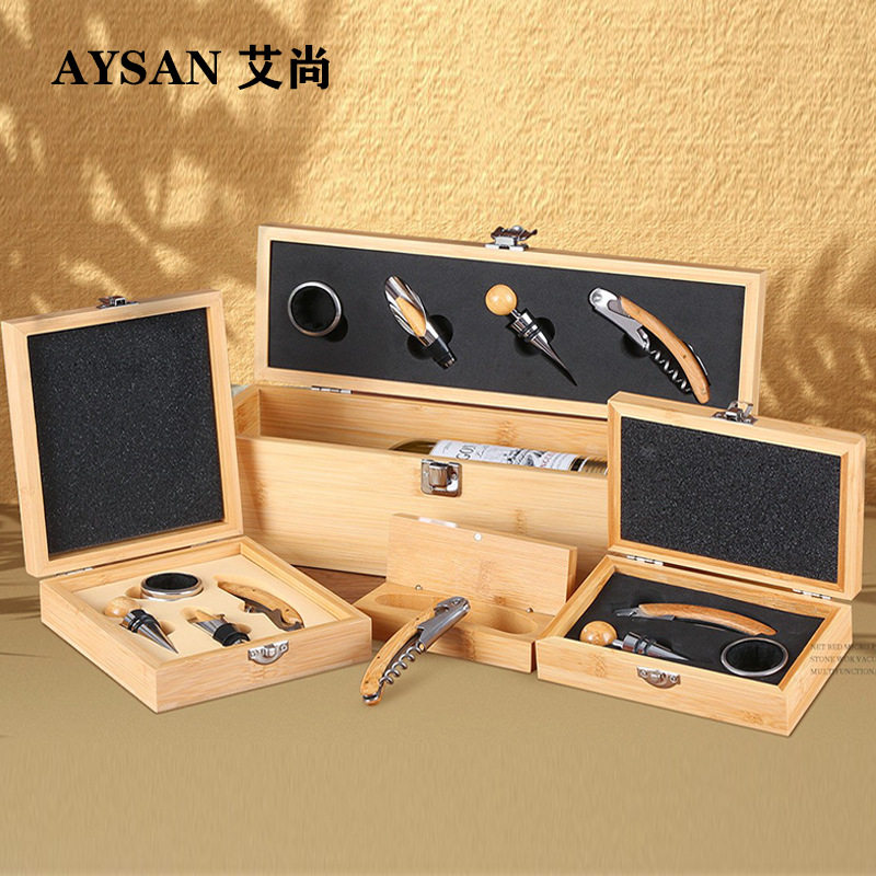High-grade bamboo box bottle opener suit wine multifunctional stainless steel wooden box wine bottle opener four-piece round set