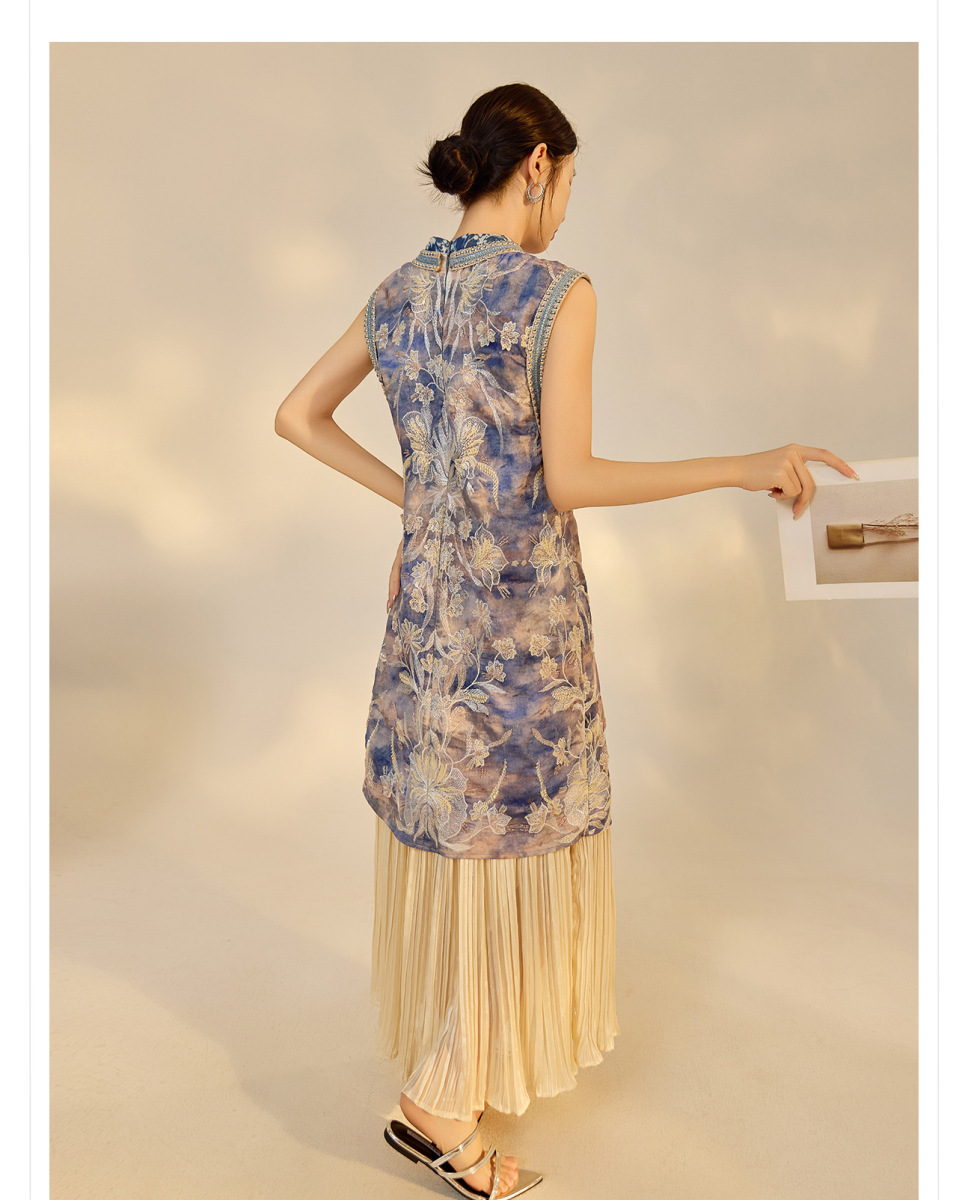 Đầm dài nữ thêu thủ công phối ghép cổ tròn không tay dáng suông — Màu hồng be (giao hàng trong 7 ngày), Màu hồng be (giao hàng trong ngày), Màu xanh hải quân (giao hàng trong 7 ngày), Màu xanh hải quân (phát hành cùng ngày)