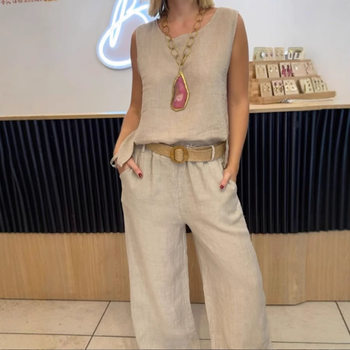 European and American Cross-border Independent Station Explosions Women's Casual Crewneck Vest Cotton and Linen Sleeveless Pants Two-piece suit