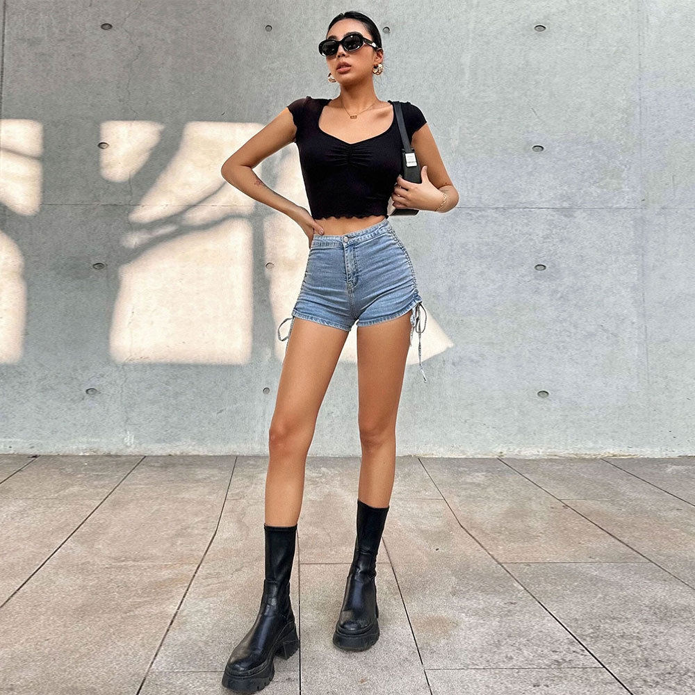 V Neck Ruched Slim Fit T Shirt Stretchy Cropped Solid Color Short Sleeve Summer Casual Wear Wholesale Available