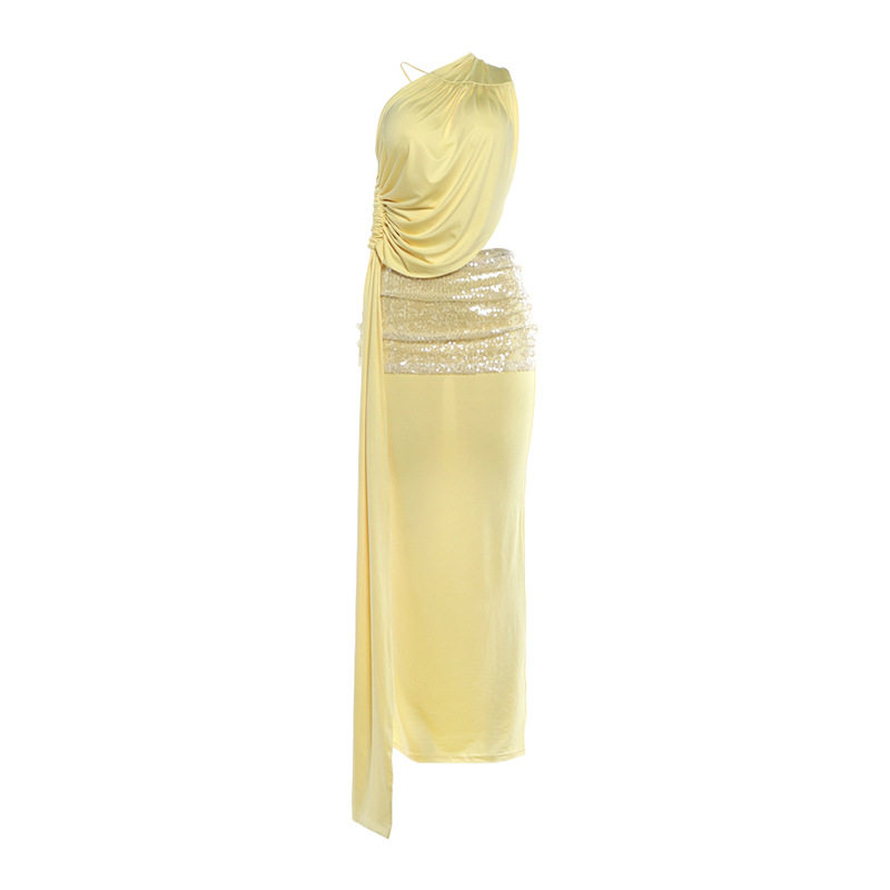 Sleeveless Sequin Trimmed Dress Sexy Backless Design Asymmetrical Neckline Solid Color Spring Fashion for Women OEM