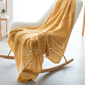 Ins Style Design Leaf Pattern Crochet Knitted Blanket Home Office Warm Shawl Blanket Pure Color Thread Blanket