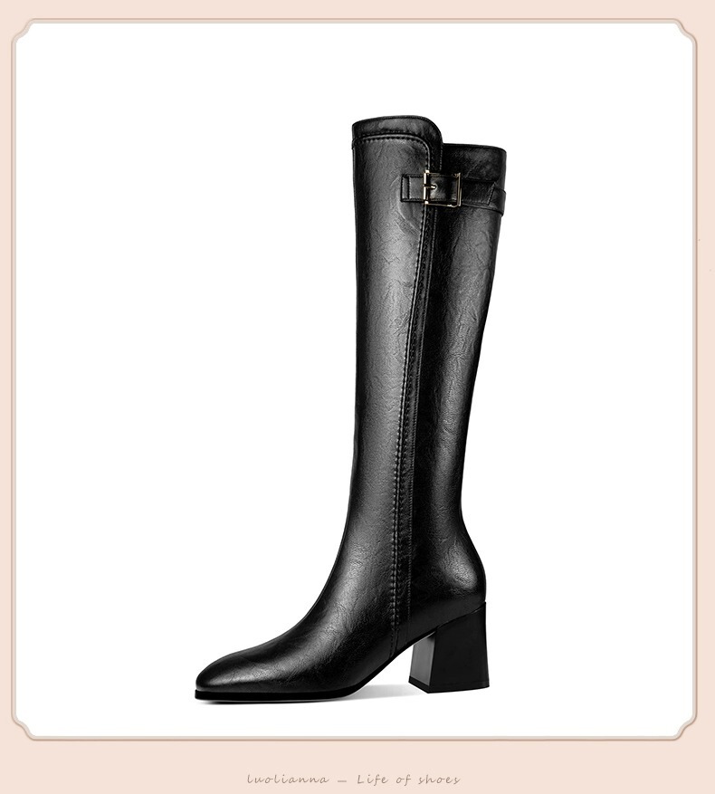 Boot nữ cổ cao gót thô mũi tròn phối khóa kéo bên, dáng ôm chân tôn dáng — Màu đen, Màu nâu