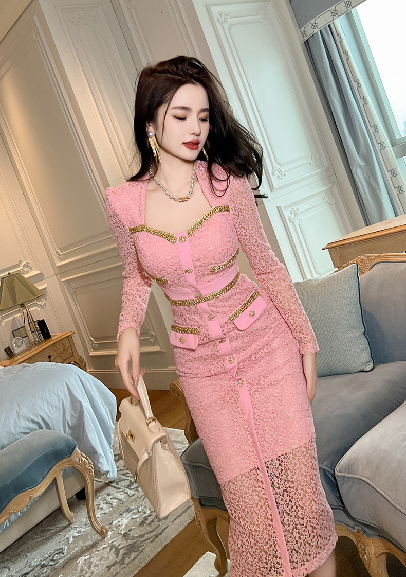 Đầm ren nữ cổ vuông dài tay phối dây xích ôm body thanh lịch — Hoa Anh Đào