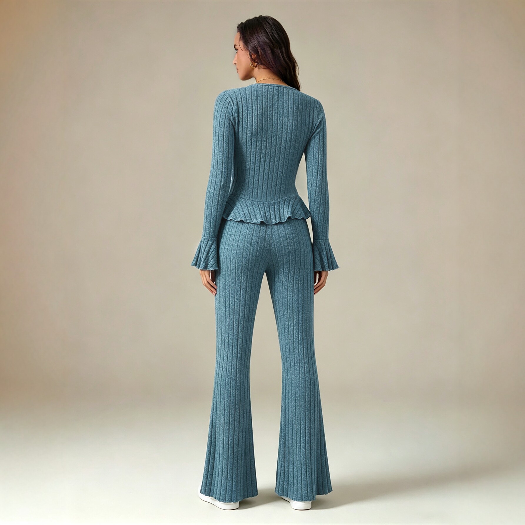 Knitted Two Piece Set Flared Sleeve Top with Ruffle Hem Fitted Waist and Slightly Flared Pants Perfect for Casual or