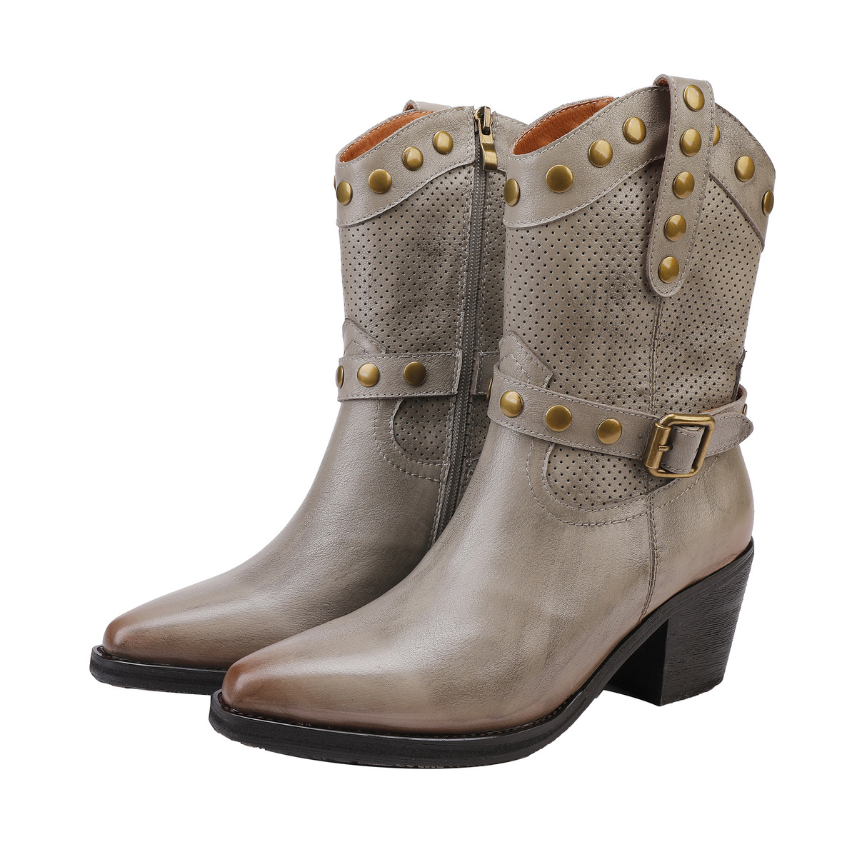 Boot nữ da bò thật cổ trung, mũi nhọn gót vừa phong cách cao bồi — màu đen, màu xám