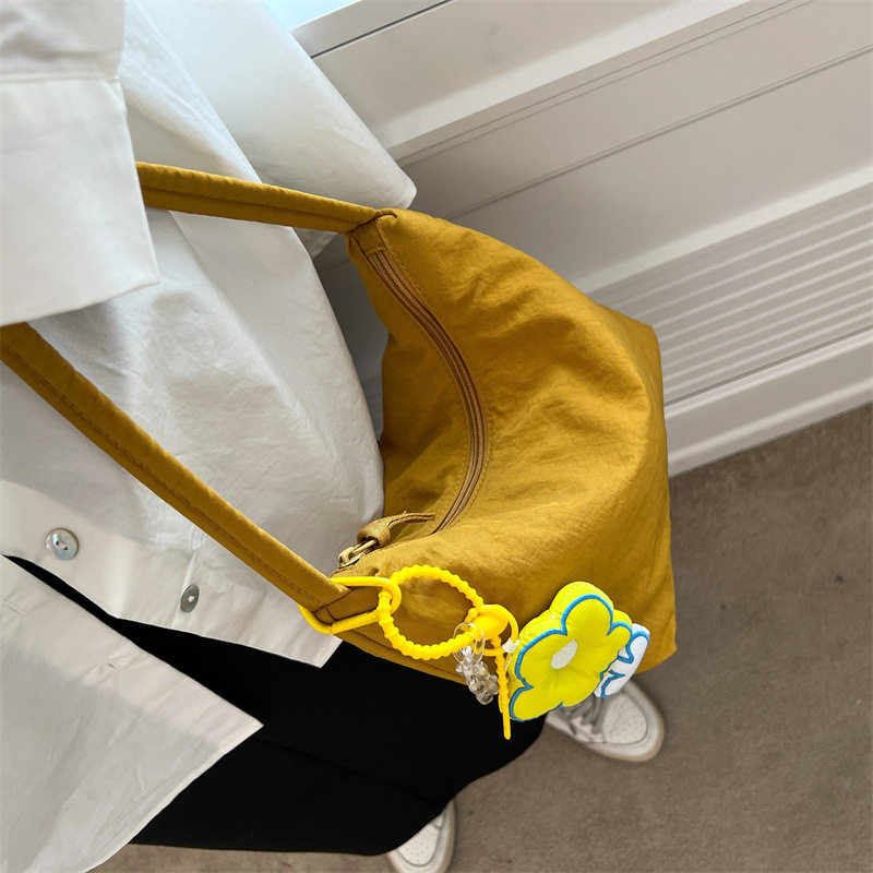 Solid Color Handbag Women's Large Capacity Soft Waxy Nylon Cloth Bag Simple Underarm Bag Hand Bag New Shoulder Mummy Bag