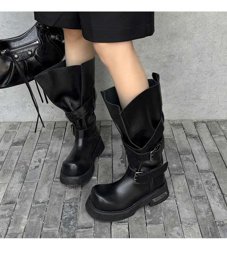 Boot nữ cổ cao da bò khóa thắt lưng đế dày — Màu đen