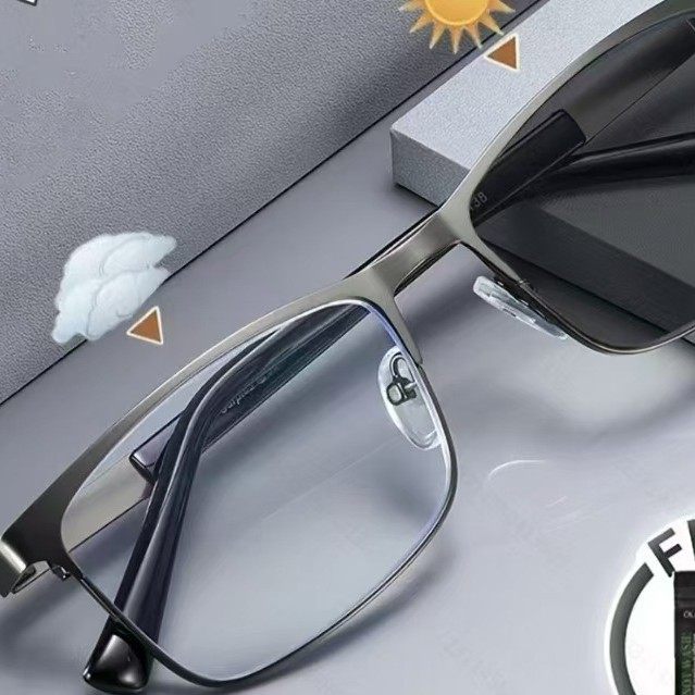 Men's New Business Pc Photochromic Glasses Square Steel Frame Myopia Glasses Anti-Blue Light Full-Frame Glasses Photochromic Glasses